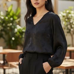 SHEIN Black V-Neck Satin Jacquard Blouse