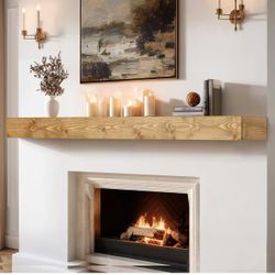 60x8x3 Fireplace Mantel - Handcrafted Hollow Rustic Solid Wood Wall Mounted Floating Shelf with Invisible Heavy Duty Wood Bracket (Natural Wood)