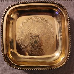 Brass Bowl Ashtray Incense Burner Etched Monster
God 4-Footed Beaded Rim Made in Hong Kong 2" Tall
x 9.25 Square