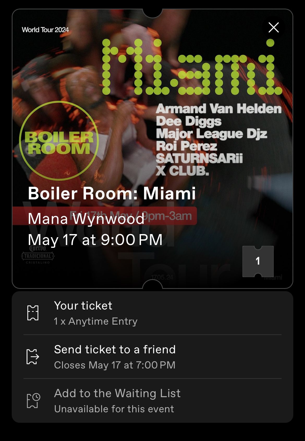 Boiler Room Miami (1) Anytime Entry Ticket May 17th