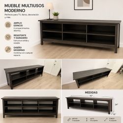 Dark Gray Wood TV Stand with Open Shelves