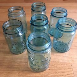 Lot of 7 Vintage Pint Jars - Ball Perfect Mason, Mason, and one Atlas w/lid