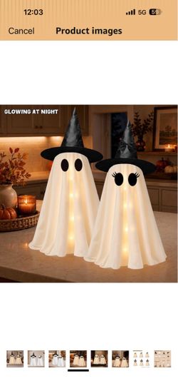 2 Pack 20 Inch Halloween Ghost Decorations, Light Up Ghosts with Witch Hats, DIY Spooky Ghost Decor with LED Lights for Porch Yard Lawn Garden Home Ha