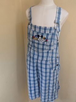 Vintage Mickey Unlimited Plaid Overalls Shorts Blue White Disney Size M