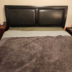 CaliKing Bedframe: Black/stain Wood And Faux Leather Upholstery