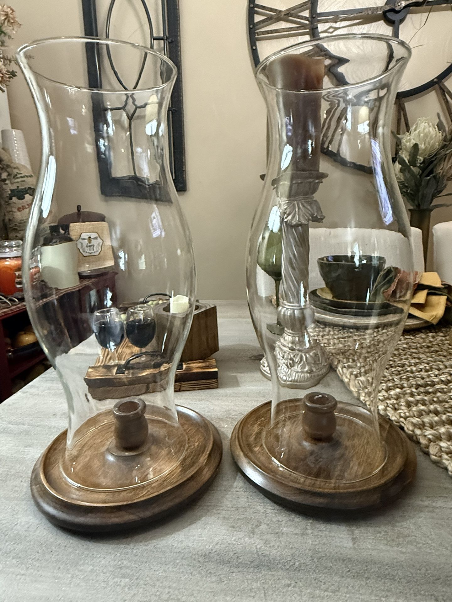 Two Glass Hurricane Tapered Candle Holder