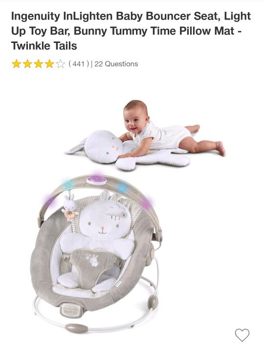Ingenuity In Lighten Baby Bouncer Seat, Light
Up Toy Bar, Bunny Tummy Time Pillow Mat -
Twinkle Tails