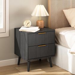  Black Fluted Nightstand with 2 Drawers, 18'' Wide Bedside Table for Bedroom, Modern Night Stand with Gold Metal Legs, Small Space End Table(Black, 1 