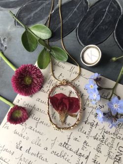 Handmade Dried Rose Gold Tone Wire Wrapped Pendant Necklace Dried Flower Thumbnail