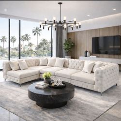 Beige Velvet Large L-Shaped Modular Sofa, 5-Seat Velvet Sectional Couch