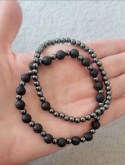 Set Of Two Handmade Natural Hematite And Lava Beads Bracelets