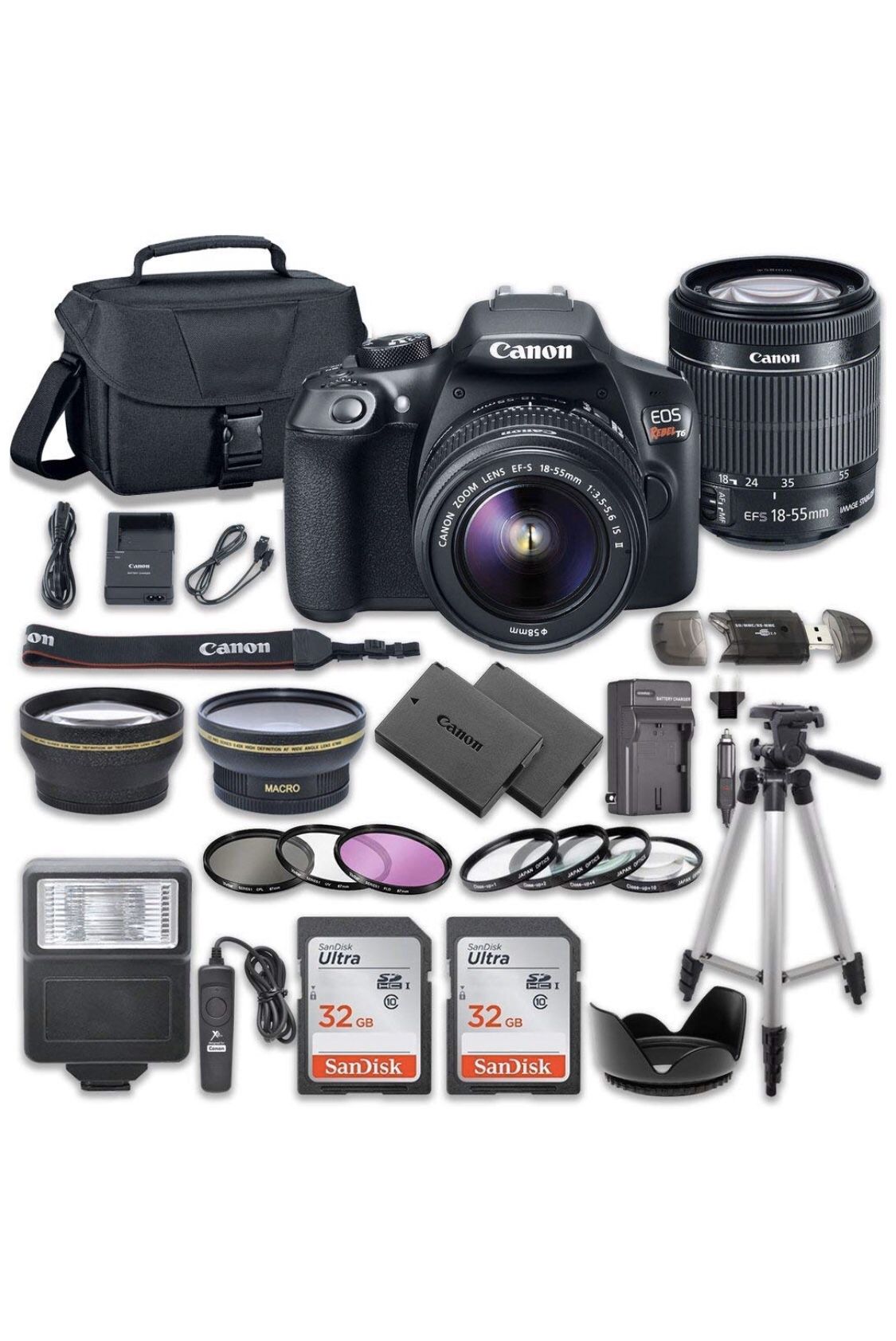 Canon EOS Rebel T6 DSLR Camera Bundle with Canon EF-S 18-55mm f/3.5-5.6 is II Lens + 2pc SanDisk 32GB Memory Cards + Premium Accessory Kit