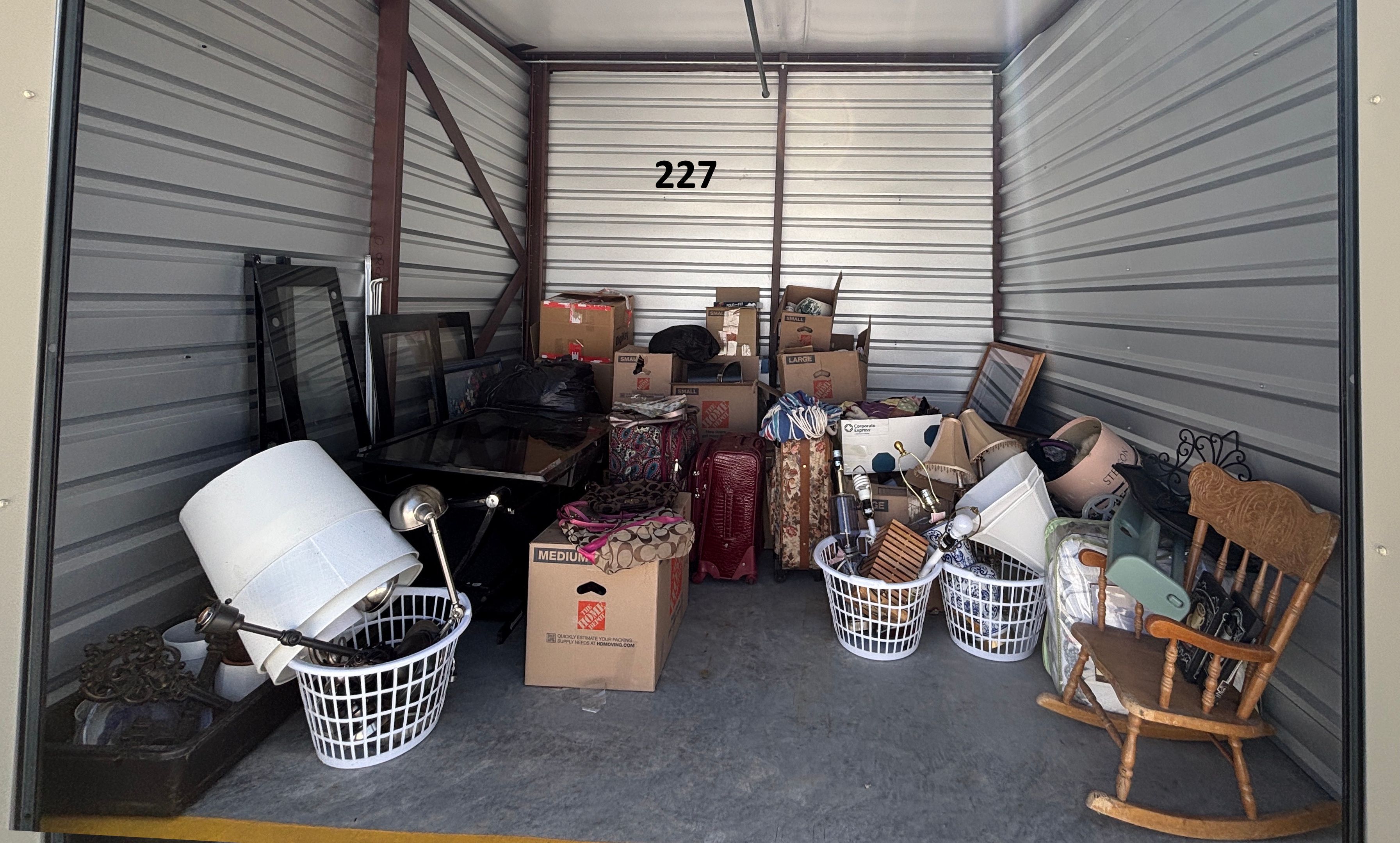 Auction Unit 227 7/3 - Antiques, Boxes, China, decorations, furniture, lamp, TV stand, vintage, wall art, and much more
