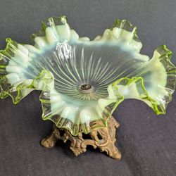 Victorian Ruffled Green Opalescent Glass Bowl w/ Base Centerpiece Bride's Basket