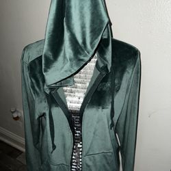 Victoria secret green velour PINK full zip hoodie Large 