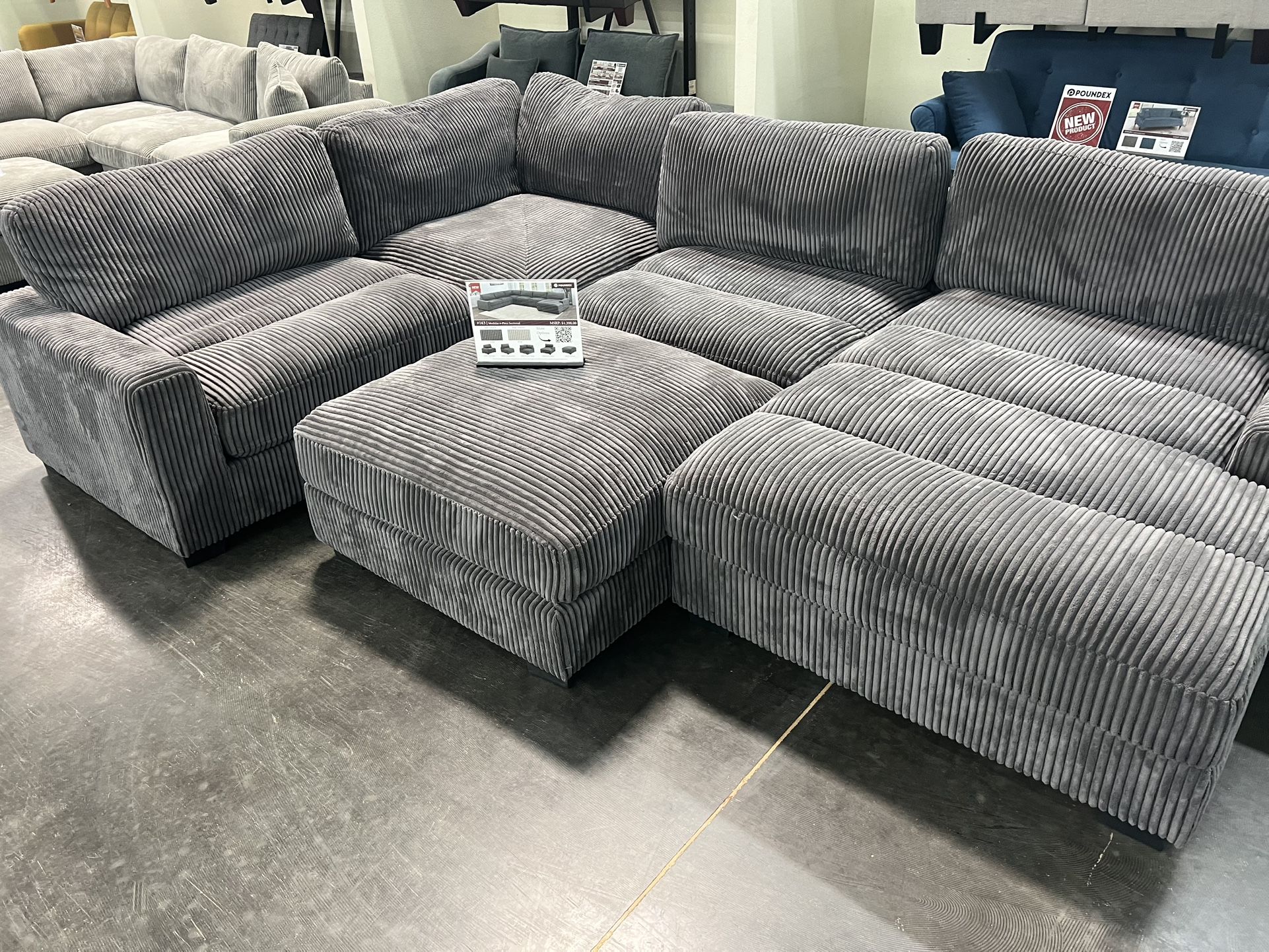 New 5 Piece Corduroy Modular Sectional.  Grey.  64 X 127 X 66H.  Free Delivery!