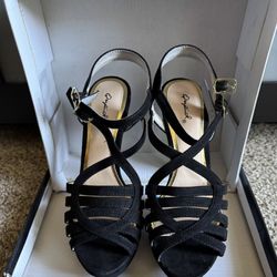NEW QUPID High Heels Shoes Size 7 1/2 Black Suede Open Toe Ankle Strap Platform 