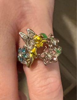 Vintage Tinker Bell and Floral Ring with many assorted colorful stones - Size 5 for women/teens!