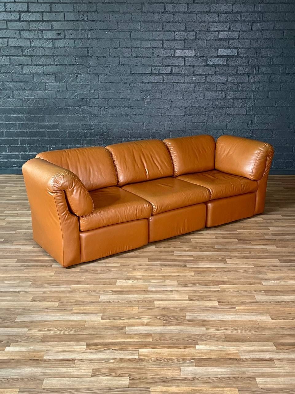 Post Modern Modular Caramel Leather Sofa, c.1980’s - Delivery Available 
