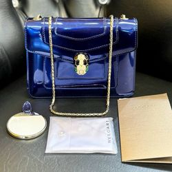Bvlgari Serpenti Forever Square Crossbody Shoulder Bag Brushed Metallic calf Royal Sapphire Leather Receipt & Mirror