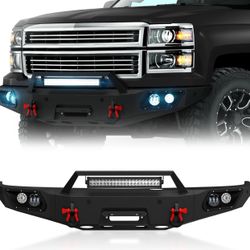 Off-Road Front Bumper Compatible with 2014 2015 Chevy Silverado 1500 Pickup Truck Bumper Equipped with Winch Plate, 5 x LED Lights, License Plate Brac