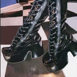 Over-the-Knee Patent LeatherBoots - **Demonia Camel, Black, Size 7**
