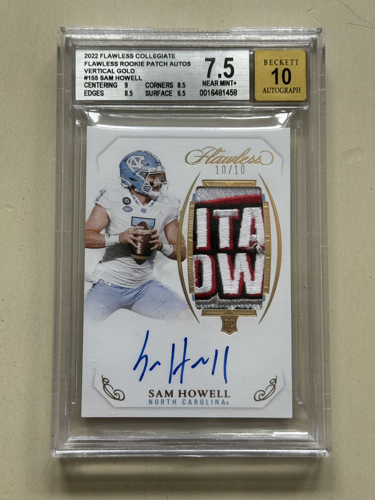 2022 Flawless Collegiate Sam Howell Rookie Patch Auto Vertical Gold BGS 7.5  Commanders, Seahawks, North Carolina 