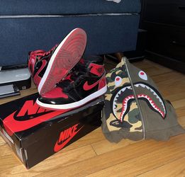 Jordan 1 Patent Bred and Bape Olive Hoodie