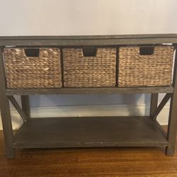 Rustic, Wooden Console Table W/ Woven Basket Storage