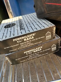 Professional-grade Powernail Powercleats flooring nails. This lot includes one box of 1-1/2" nails and one box of 1-3/4" nails. Each box contains 5000