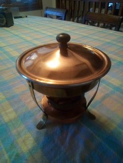 Vintage copper chafing dish/ copper & brass with wooden handle/7 inches in diameter & 8 inches high/4 piece set