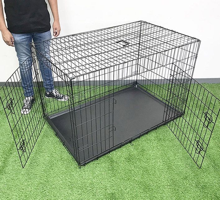 (NEW) $75 Folding 48” Dog Cage 2-Door Pet Crate Kennel w/ Tray 48”x29”x32” 
