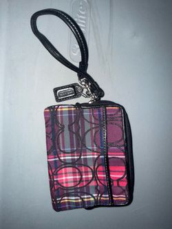 Coach signature stripe tartan plaid wristlet pink