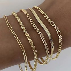 Gold Plated Stainless Steel Twist Chain Snake Chain Cuban Chain Bracelets 1 - Gold 5 Set