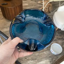 Vintage Large Blue Viking Crackle Glass Ashtray