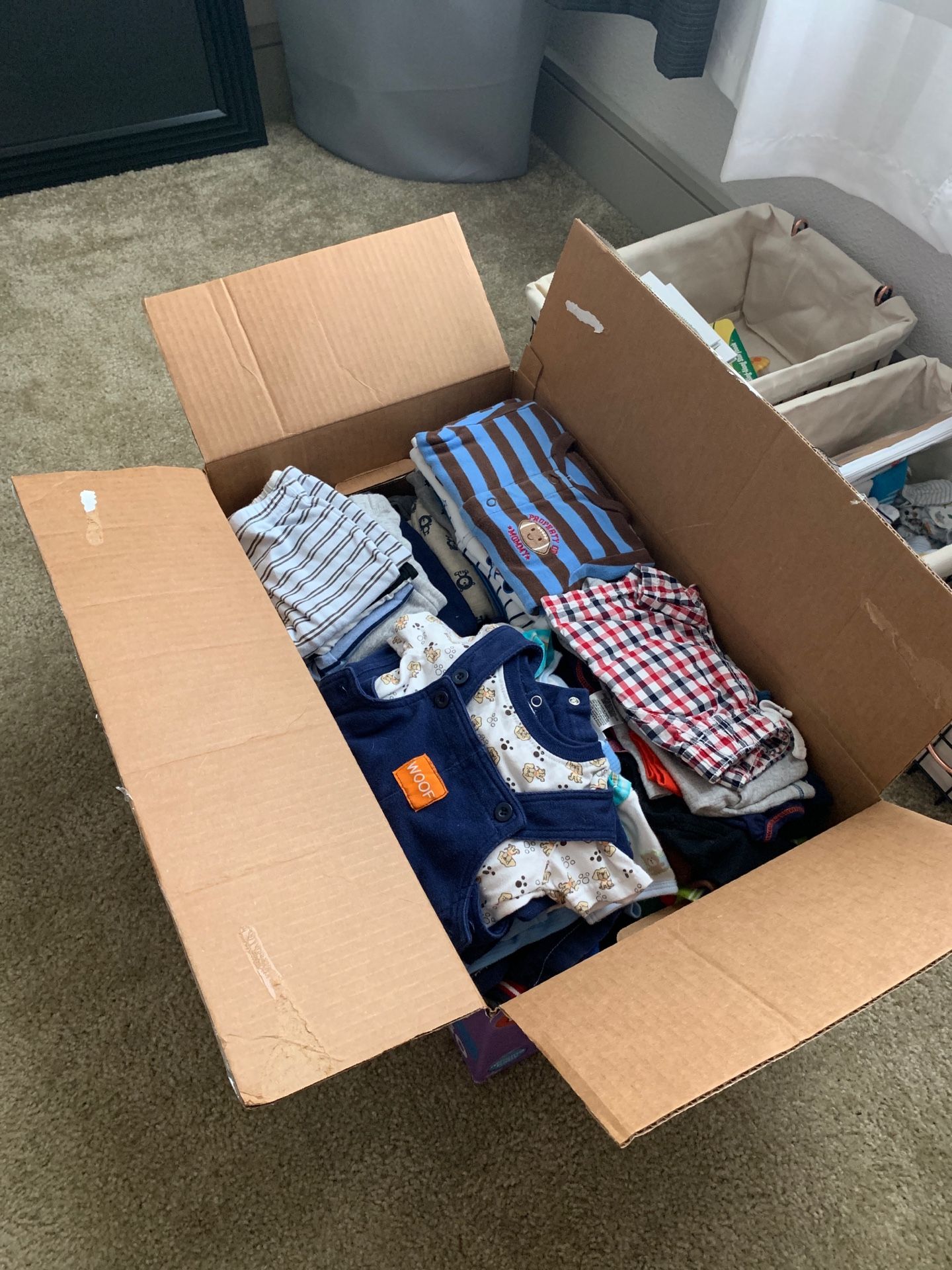 Box full of 3-9 month baby boy clothes