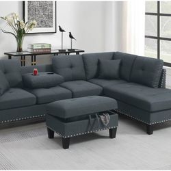 3pc Sectional Sofa W/ Storage Ottoman