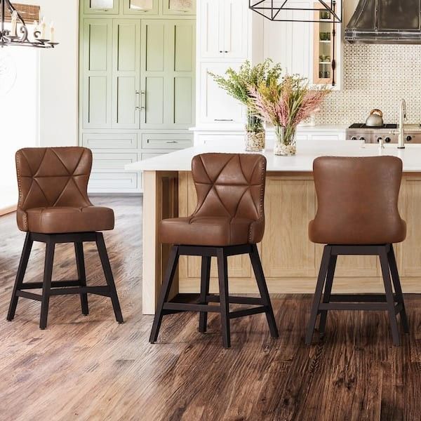 Counter Height Bar Stools Set of 3, 26" H Swivel Bar Stool with Back, Faux Leather Counter Stool, Solid Wood Legs, Retro Upholstered Barstools f