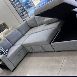 ✅️✅️4 pc Grey boucle fabric sectional sofa with storage chaise and love seat and pop up sleep area in center drop down tray tables✅️✅️✅️