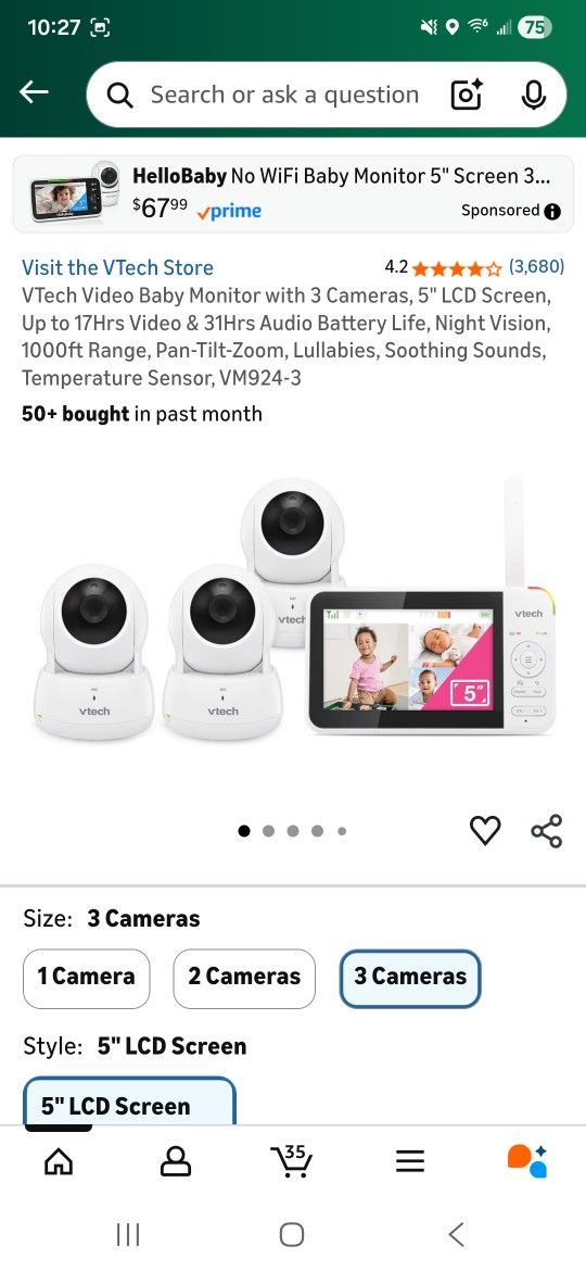 VTech Video Baby Monitor with 3 Cameras, 5" LCD Screen, Up to 17Hrs Video & 31Hrs Audio Battery Life, Night Vision, 1000ft Range, Pan-Tilt-Zoom, Lulla