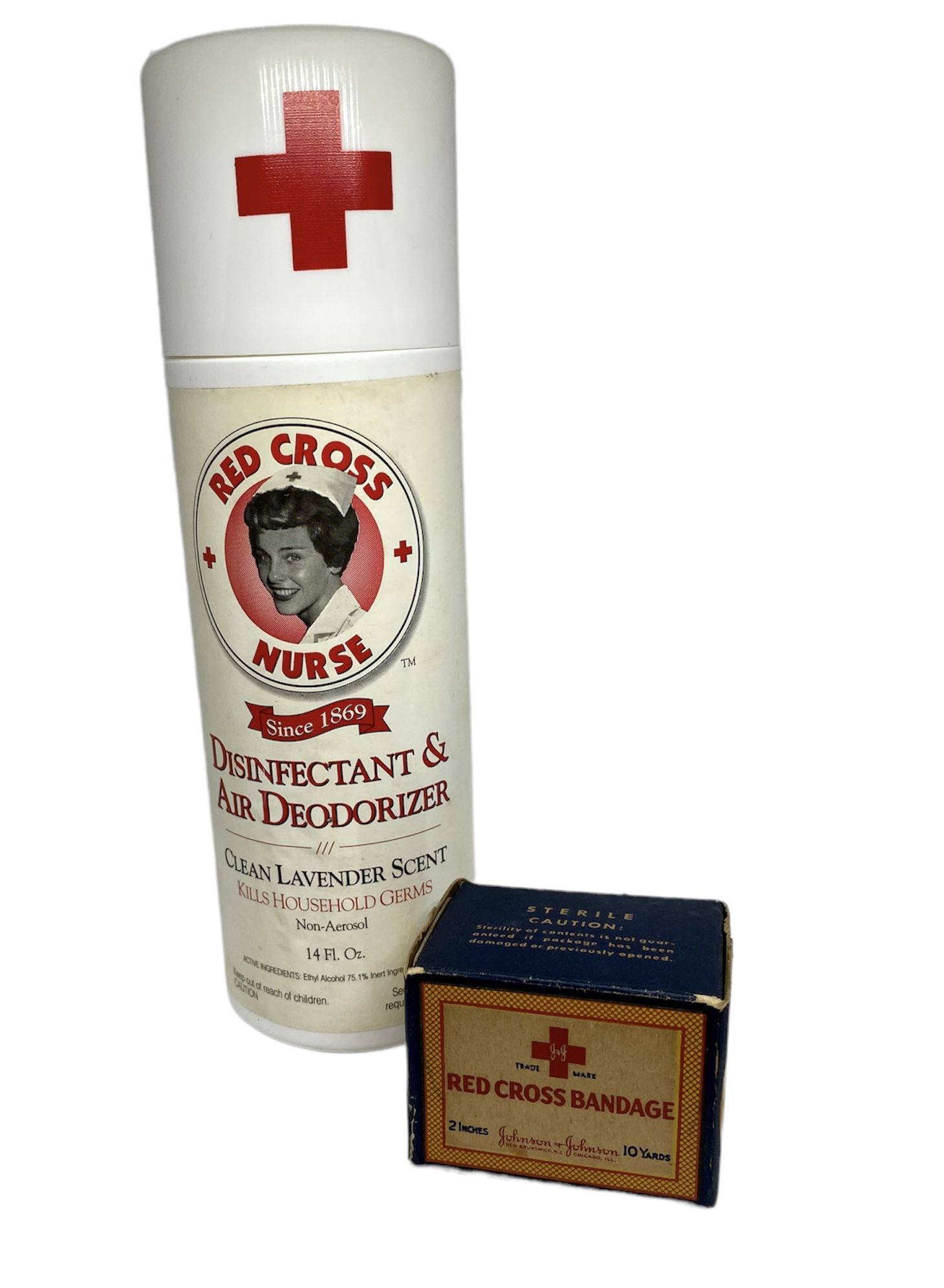 Vintage Red Cross Nurse Disinfectant & Air Deodorizer Spray 14oz + 2” Bandage RARE