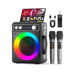 Karaoke Machine, Portable Bluetooth Karaoke Speaker with 2 Wireless Microphones, PA System for Adults Kids with LED Lights, Supports REC/FM/AUX/USB/TF