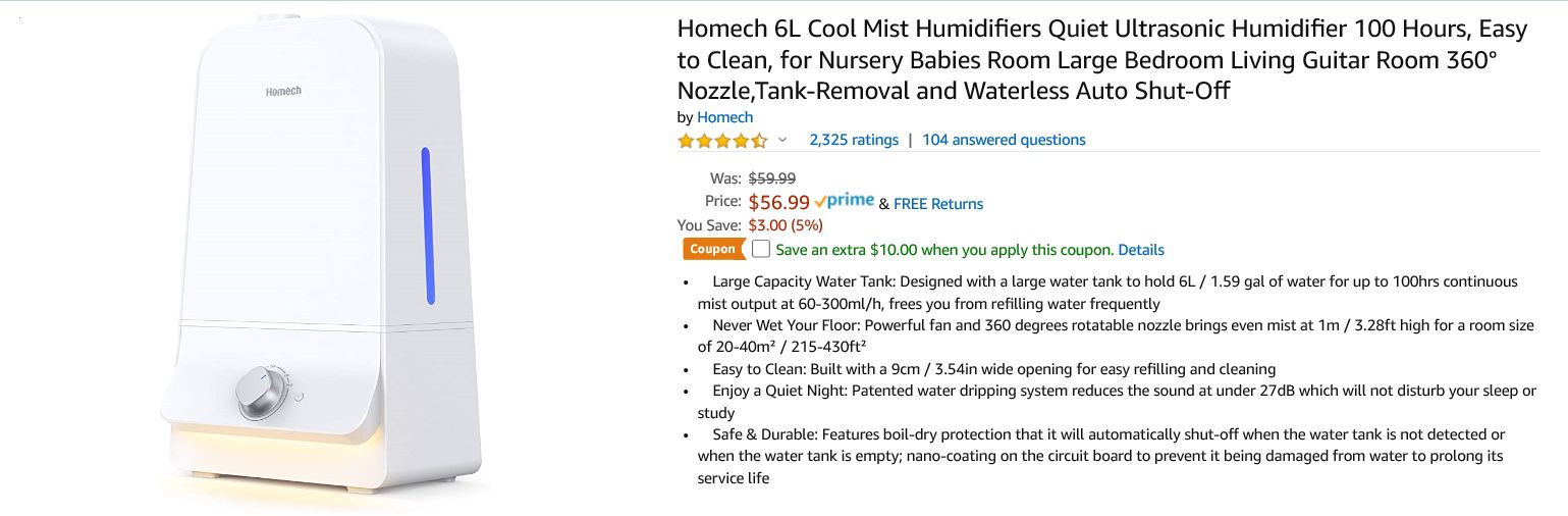 Cool Mist a Humidifier- Quiet, Ultrasonic, 100 Hours