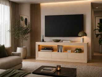 TV Stand for Living Room, Natural Wood TV Consoles with Drawer Storage and Shelves, Entertainment Center for TVs Up to 75 Inch, Media Console with LED