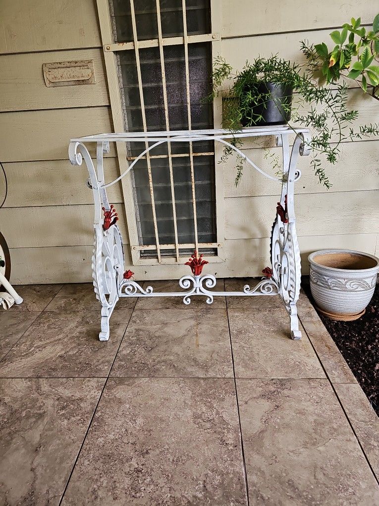 Antique French Wrought Iron Console Table Base or Plant Holder Painted White & Red. FIRM ON THE PRICE