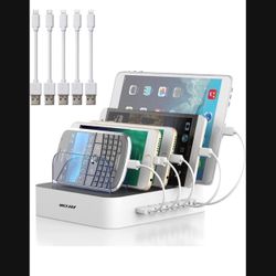 Charging Station for Multiple Devices, MSTJRY 5 Port Multi USB Charger Station with Power Switch Designed for iPhone iPad Cell Phone Tablets (White, 6