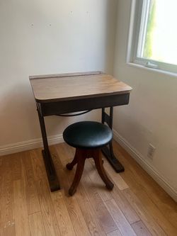 Vintage School Desk with Matching Stool – Rustic Industrial Style