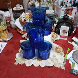 Vintage Cobalt Blue Glass Tumblers Six