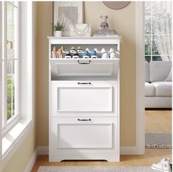 White 3 Flip Drawers Shoe Cabinet