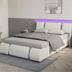 Full Bed Frame with Led Lights - Modern Platform Bed No Box Spring, Beds Frame Full Size with Adjustable Headboard, Faux Leather and Wood Slats Made, 